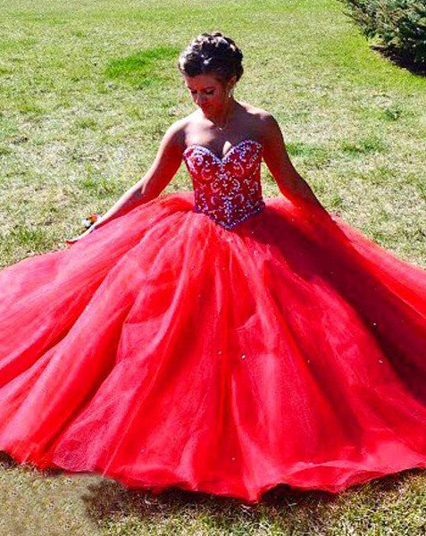 2024 Gorgeous Red Beading Sweetheart Ball Gown Tulle Prom Dresses