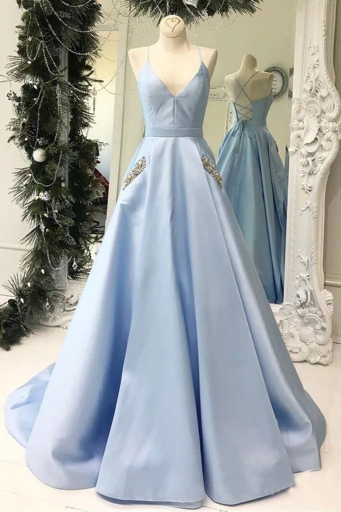 Light Blue V Neck Floor Length Satin Prom Dress with Pockets, Cheap Long Formal Dress N2038