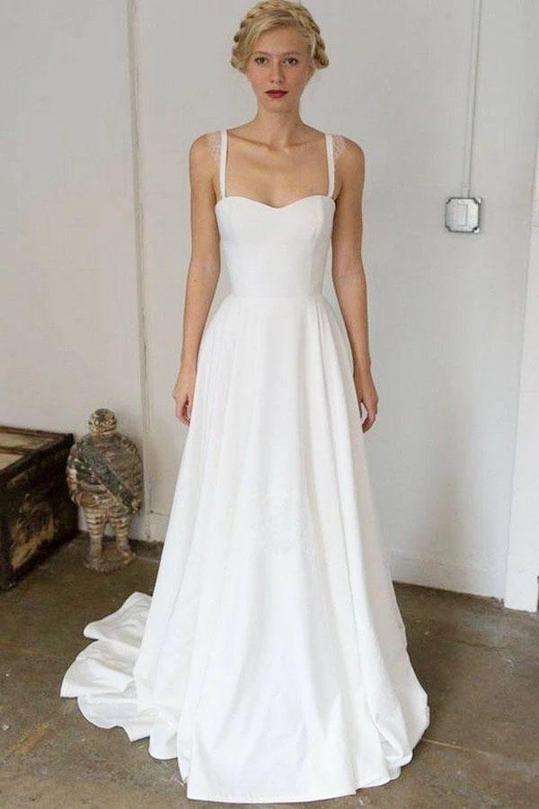 A-Line Straps Sweep Train Sleeveless Stain Simple Wedding Dress, Beach Wedding Gown N2486