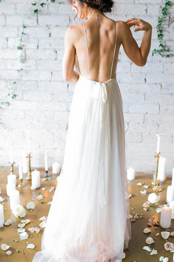 Backless Deep V-neck Sweep Train Beach Wedding Dresses With Straps N24