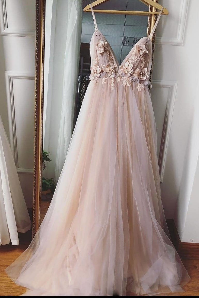 Charming Spaghetti Straps Deep V Neck Tulle Prom Dress with Flowers, A Line Party Dress N2390