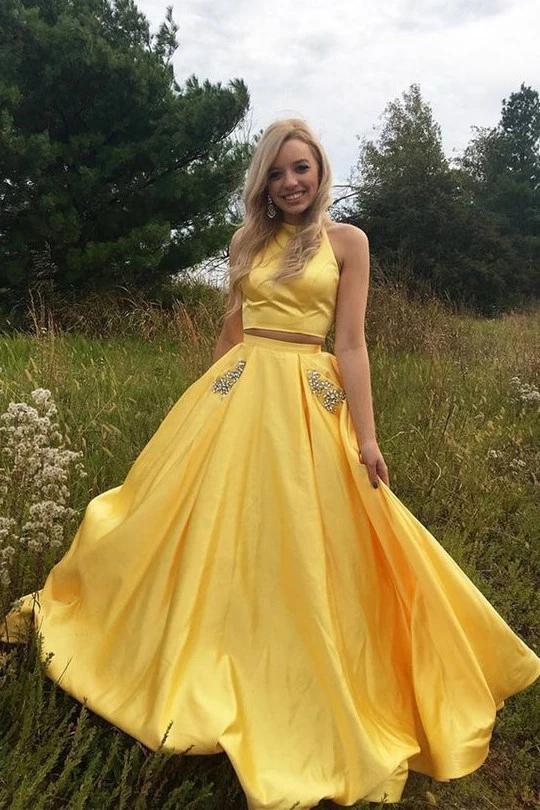 Yellow Satin Two Pieces Long Homecoming Dress with Silver Beading, Prom Dress N2043