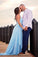 Sky Blue V Neck Prom Dresses, Sexy Backless Spaghetti Straps Pleated Long Formal Dress N2005