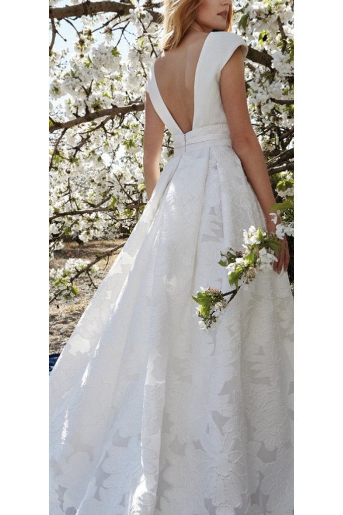 Elegant V Neck Wedding Dress with Short Sleeves, Lace Floral Wedding Dresses N1788