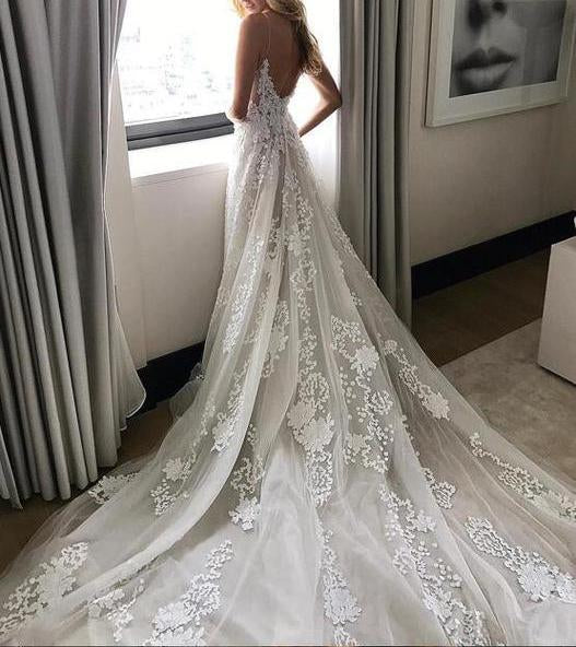 Deep V neck Wedding Dress,Lace Wedding Dress,Spaghetti Straps Beach Wedding Dress N74