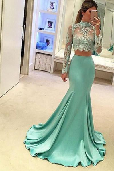 Two Pieces High Neck Long Sleeve Lace Prom Dresses,Sexy Mermaid Evening Dress N64