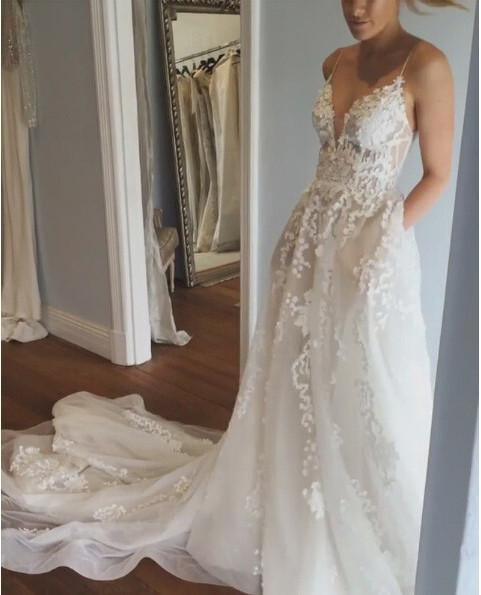 Deep V neck Wedding Dress,Lace Wedding Dress,Spaghetti Straps Beach Wedding Dress N74