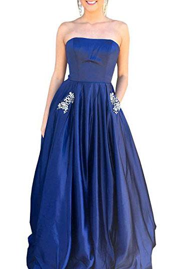 Royal Blue Strapless Bridesmaid Dress with Pockets, A Line Satin Prom Dress with Beads N1854
