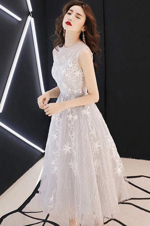 Light Gray Tulle Homecoming Dress, A Line Tea Length Tulle Prom Gown N2192