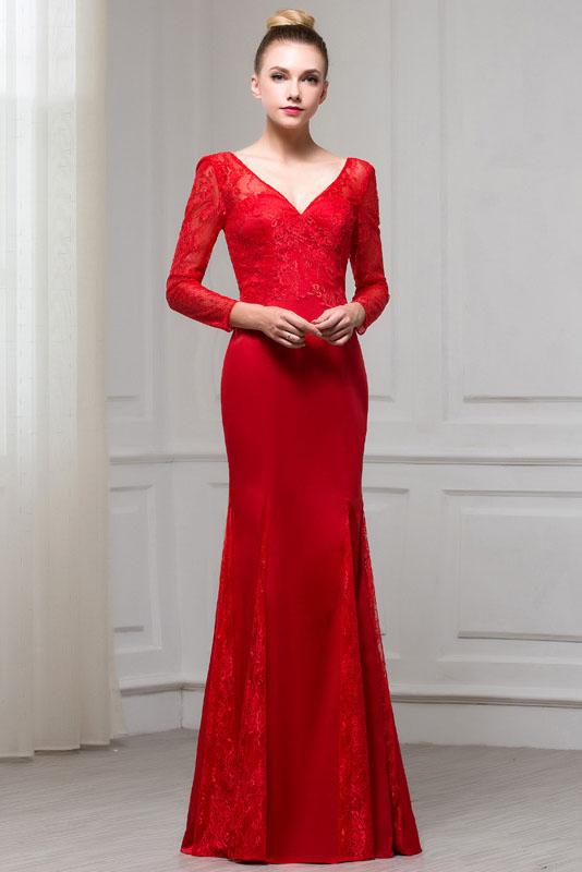 Red Long Sleeves V Neck Mermaid Floor Length Evening Dress with Lace N2330