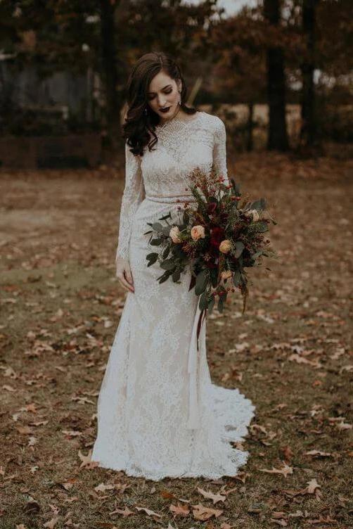 Vintage Long Sleeves Lace Wedding Dresses Backless Rustic Lace Wedding Dresses N2262