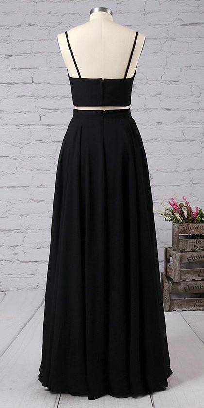Spaghetti Straps Prom Dresses,Black Prom Dress,Two Pieces Floor Length Party Gown N49