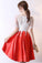 Red Knee Length Satin Homecoming Dress with Short Sleeves, Short Prom Dress with Lace N2224