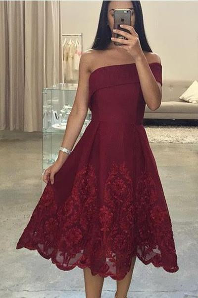 Sexy Tea Length Asymmetric Neck Prom Gowns,Lace One Shoulder Prom Gown,N73