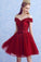 Burgundy Lace Tulle Short Prom Dress, Burgundy Off the Shoulder Lace Homecoming Dress N2195