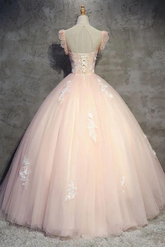 Light Peach Tulle Long Prom Dress with Flowers, Princess Ball Gown Sheer Neck Party Dress N2202