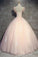 Light Peach Tulle Long Prom Dress with Flowers, Princess Ball Gown Sheer Neck Party Dress N2202