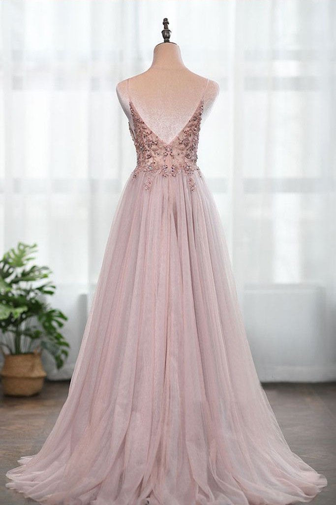 Dusty Pink Spaghetti Straps Gorgeous Beading Prom Dress, A Line Split Tulle Evening Dresses N2403