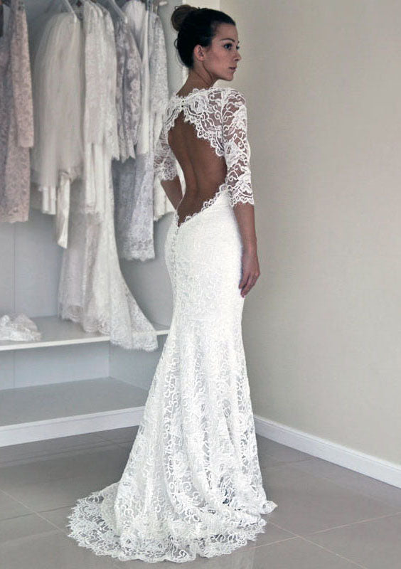 Classic Sheath Backless Half Sleeves 2024 Lace Wedding Dresses