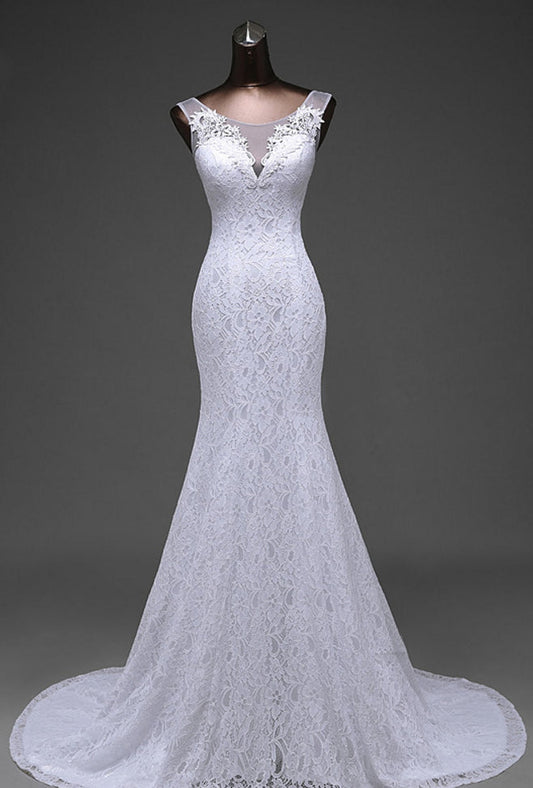 2024 Mermaid White Scoop Lace Wedding Dresses