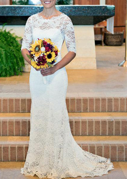 Classic Sheath Backless Half Sleeves 2024 Lace Wedding Dresses