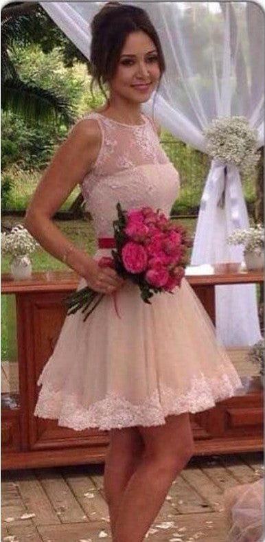 A Line Lace Knee Length Red Belt Short Wedding Dresses