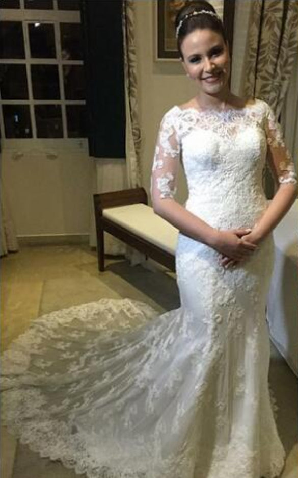 2024 Sheath Half Sleeves Lace Wedding Dresses With Small Train