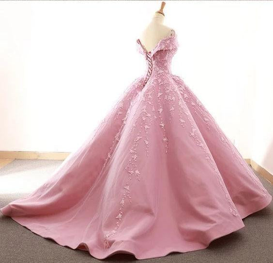 Ball Gown Off the Shoulder Satin Prom Dress with Lace Appliques, Long Quinceanera Dress N2530