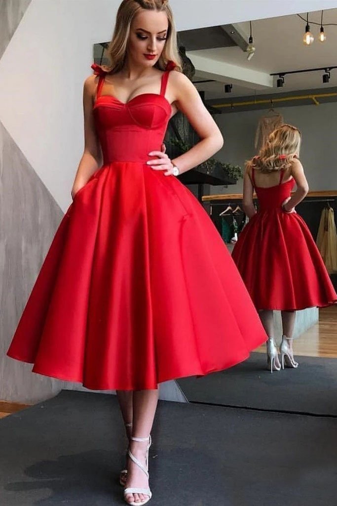 Red Straps Tea Length Satin Homecoming Dresses, A Line Sleeveless Graduation Dresses N2173