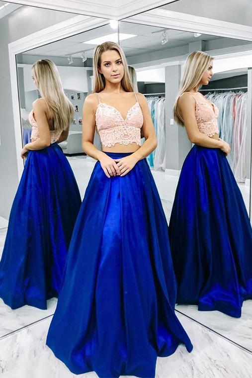 Two Pieces Royal Blue Satin Prom Dresses, Spaghetti Strap Long Party Dress with Lace N2476