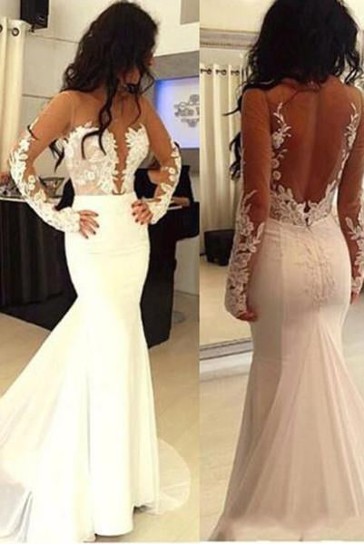 Sexy Mermaid Prom Dresses,Hot Sale Open Back Wedding Dress,Long Sleeve Formal Dress N60