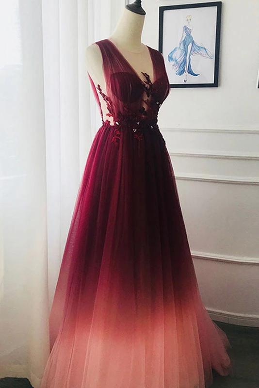 A Line V Neck Tulle Ombre Prom Dress, Cheap Appliqued Party Dresses N2447