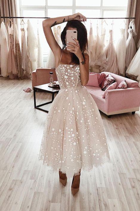 Ivory Spaghetti Strap Tea Length Starry Tulle Homecoming Dress, Midi Prom Dresses N02372