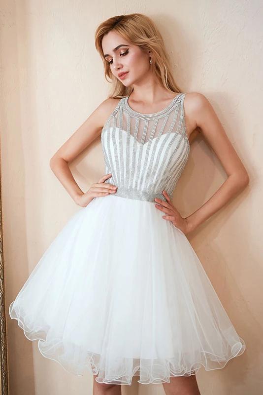White Sleeveless Puffy Tulle Homecoming Dresses, Cheap A Line Short Prom Gown N2138