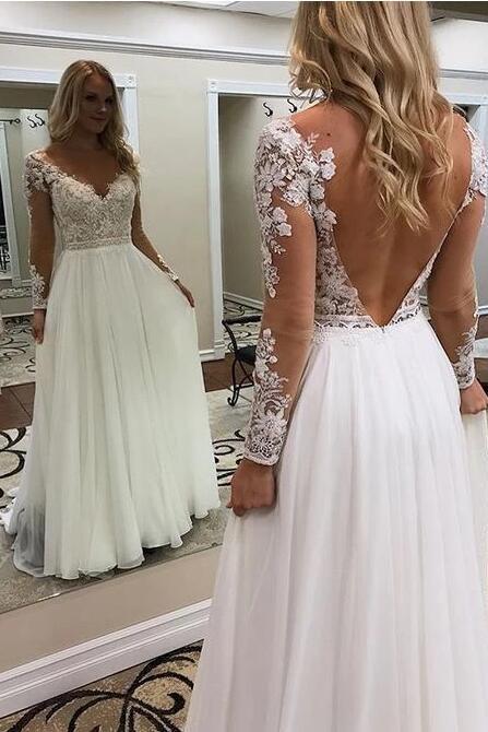 A Line Floor Length Long Sleeves V Neck Beach Wedding Dress with Lace Appliques N2420