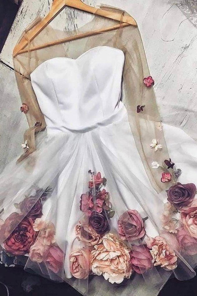 A-line V neck Hand-Made Flower Homecoming Dress Unique Short Long Sleeve Prom Dress N1841