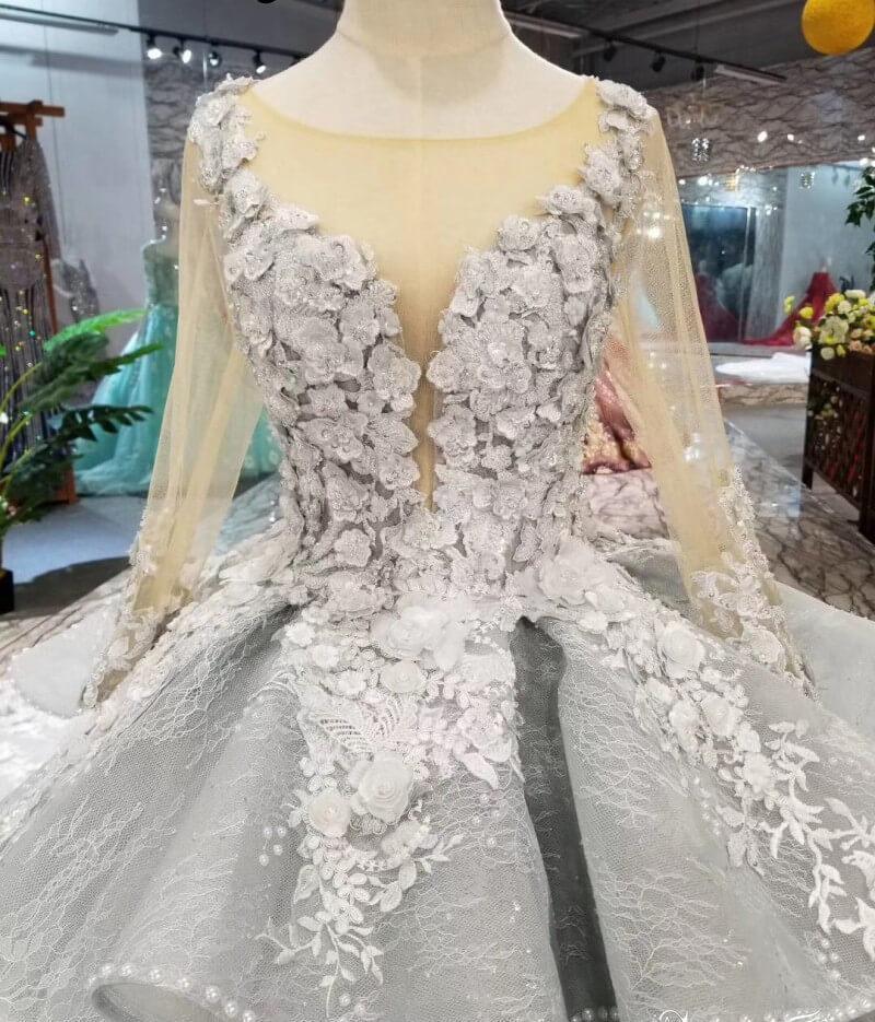 See Through Bodice Big Wedding Dresses with Flowers Long Sleeve Quinceanera Dress N1282