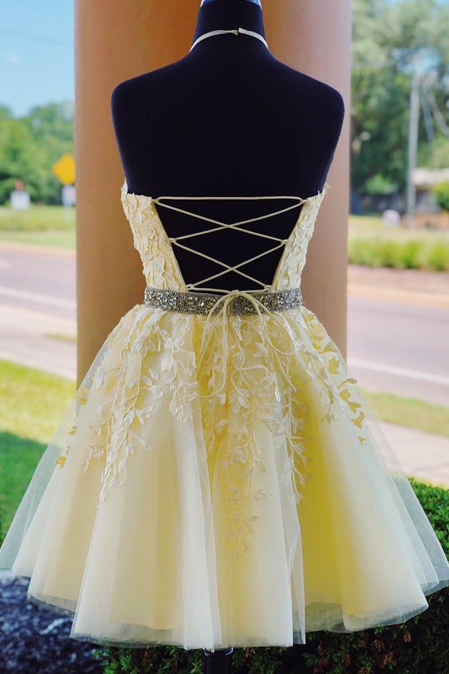 Light Yellow Halter Homecoming Dress with Lace Appliques, A Line Graduation Dress with Beads N2132
