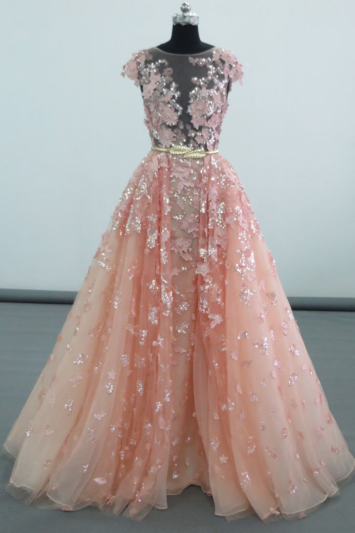 See Through Cap Sleeves Floor Length Tulle Prom Dress with Appliques Belt N2326