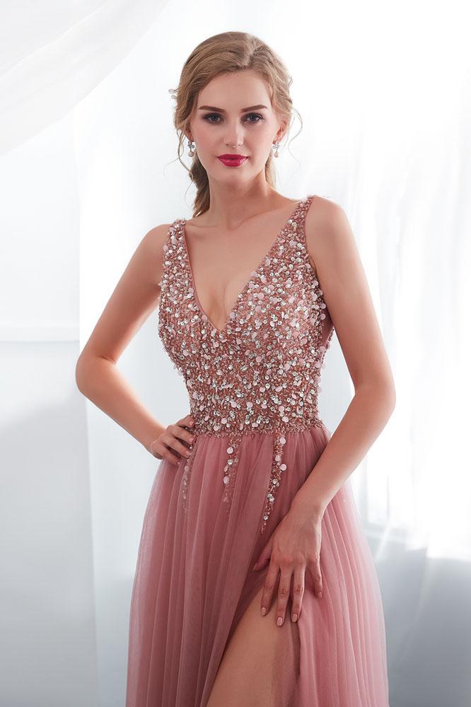 Beading V neck Pink High Split Tulle Sweep Train Sleeveless Evening Gown with Sequins N2278
