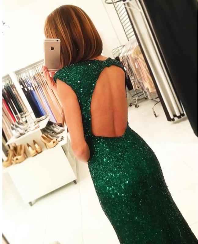 Sexy Side Slit Cap Sleeves Emerald Green Sequins Open Back Mermaid Evening Gowns,N68