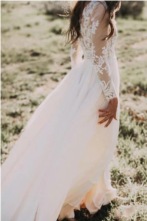 Long Sleeve Rustic Weding Dresses Lace Appliqued Ivory Chiffon Beach Wedding Dress N2024
