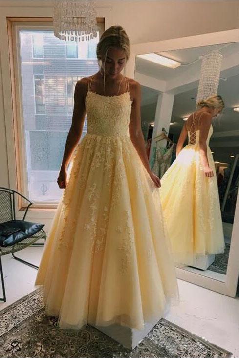 Yellow Puffy Spaghetti Straps Floor Length Prom Dress with Appliques, Long Evening Dress N2395