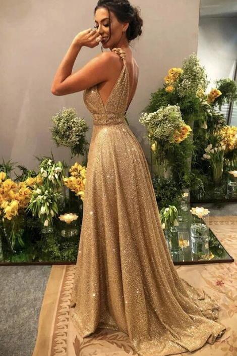 Gold V Neck Sequins Formal Dresses, A Line Sleeveless Sparkly Sweep Train Prom Dresses N2573