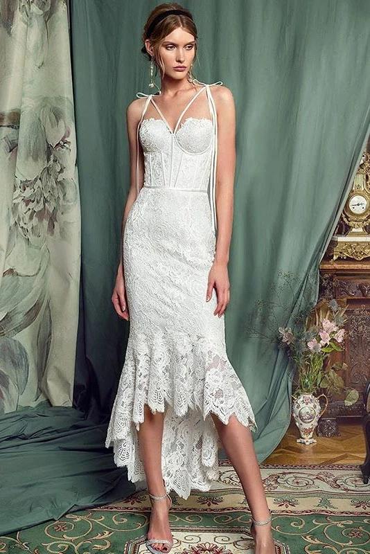 Sheath Lace Prom Dress, Unique Lace Wedding Dress with Ruffles N2239