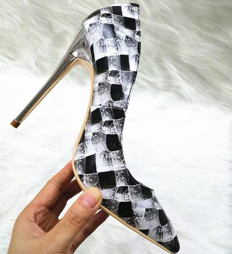 High-heels with black-and-white plaid pattern, Fashion Evening Party Shoes, yy16