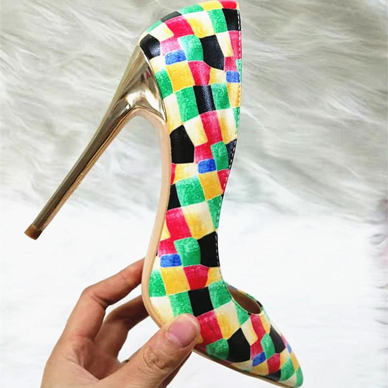 High-heels with colorful plaid pattern, Fashion Evening Party Shoes, yy17