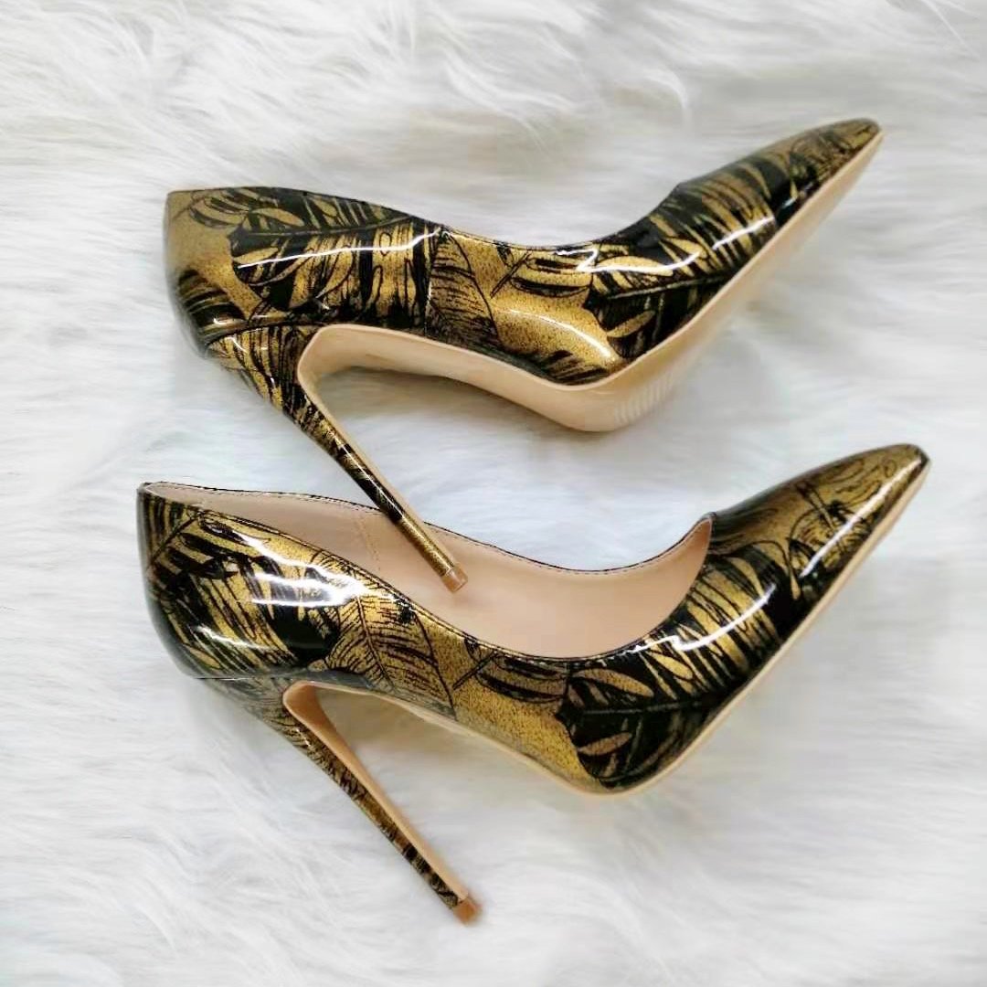 High-heels with gold and black patterns, Fashion Evening Party Shoes, yy29
